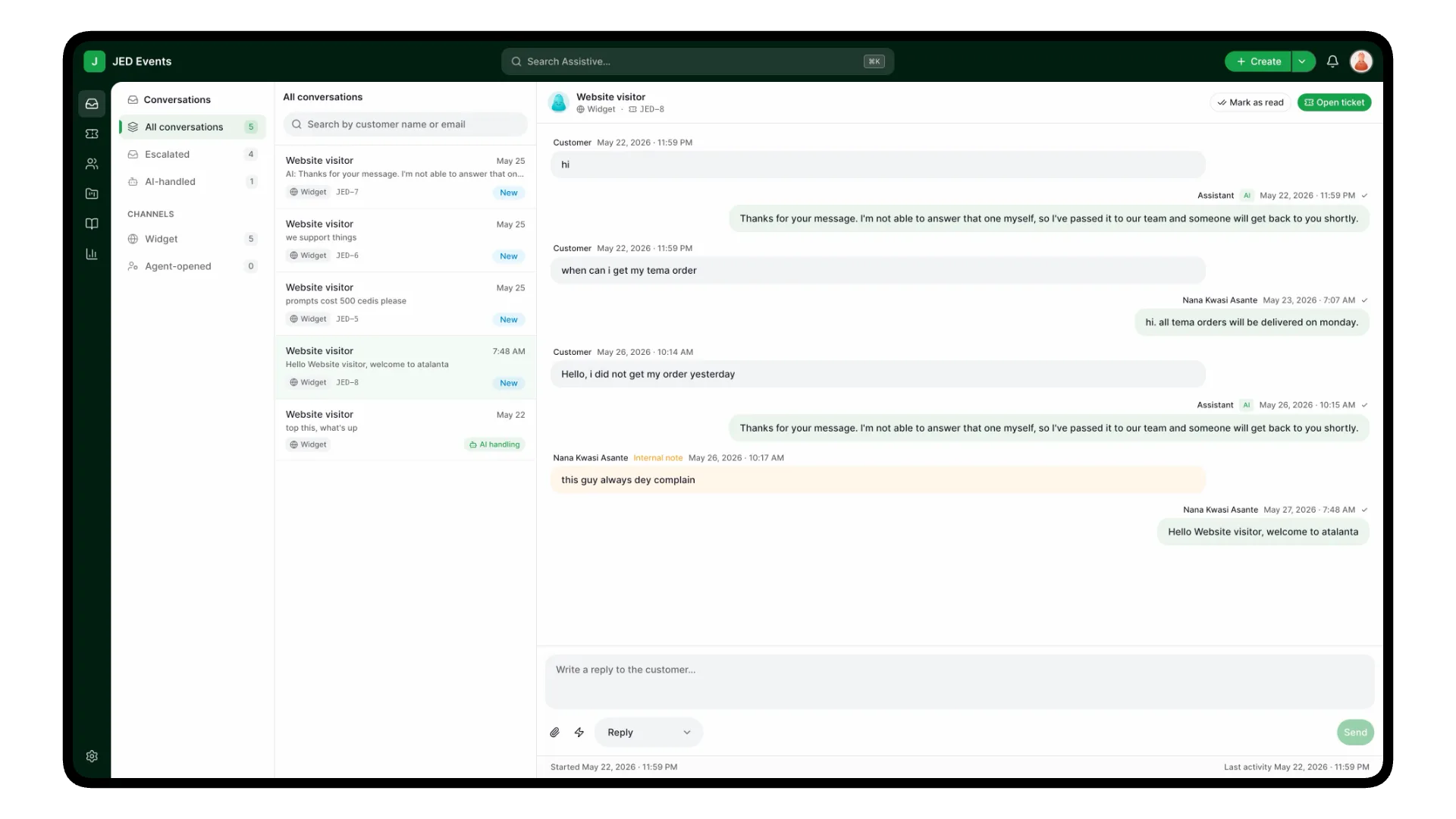 The Assistive inbox showing website chat conversations as trackable tickets